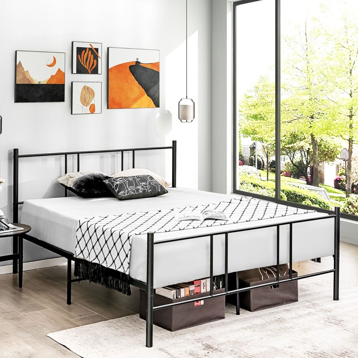 Double Size Slatted Metal Bed Frame with Headboard and Footboard